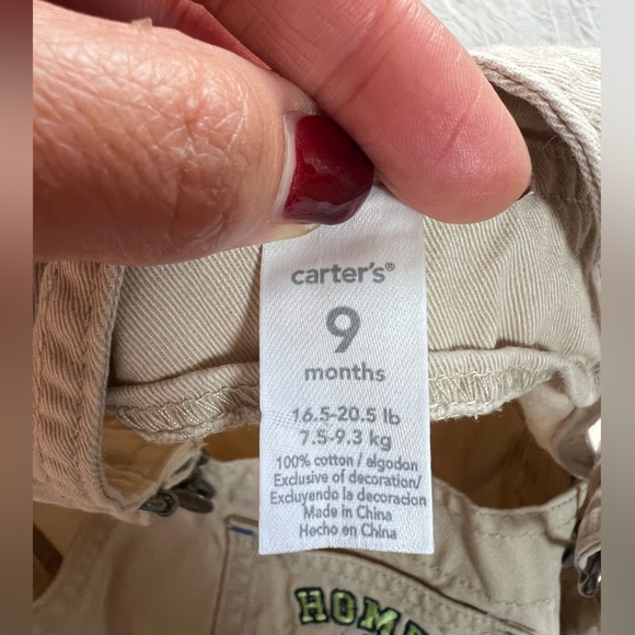 Carter's Beige Overalls with Fun Patches Size 9 Months - Picture 2 of 5